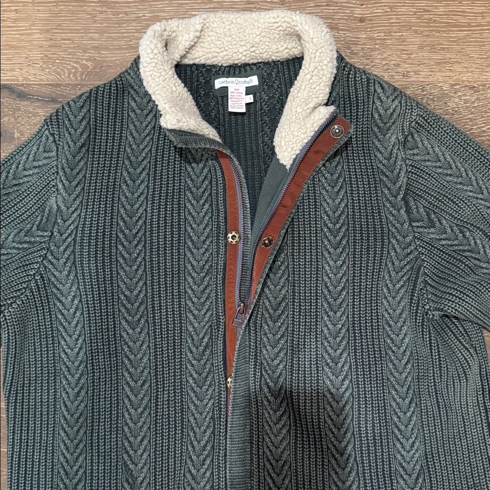 Carbon2Cobalt Olive Cable Knit Sherpa Collar Zip Cardigan Jacket Size L - Picture 5 of 7